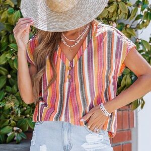 CUPSHE Radiance Rush Striped Button V Neck Linen Summer Top Size Large NWT